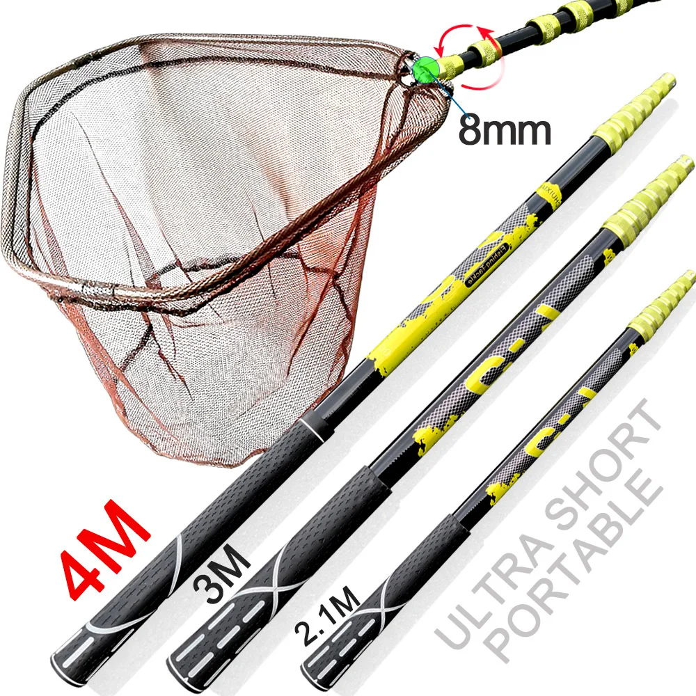 JOSBY Foldable Triangle Fish Landing Net Carbon With 2.1M 3M 3.6M 4M Durable Pole Handle For Freshwater Saltwater Fishing Tools