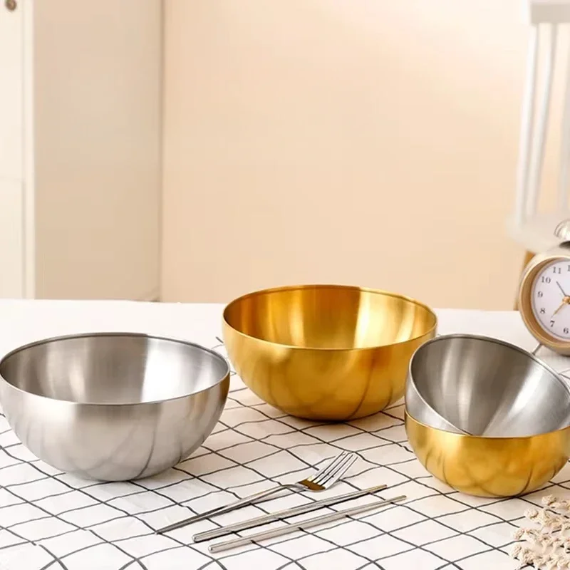 Stainless Steel Gold and Silver Salad Bowl Rice Noodles Lamian Kitchen Tableware Food Container Stainless Steel Bowl Tableware