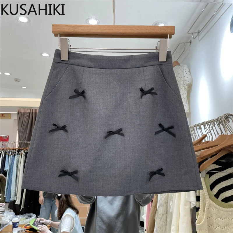 

KUSAHIKI 2024 New Fashion Bow Versatile Hip Wrapped A-line Short Skirt for Women Autumn High Waisted Skirts Mujer Faldas