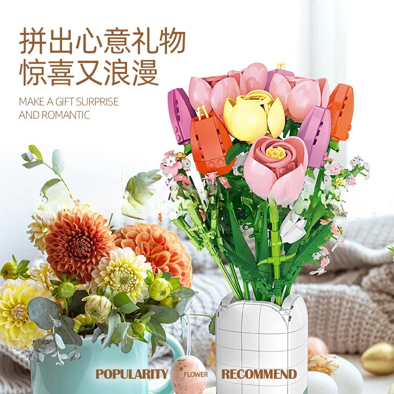 JJ9065 Powder Snow Mountain Building Block Flower Belt Vase DIY Assembled Toy Girls Holiday Gift