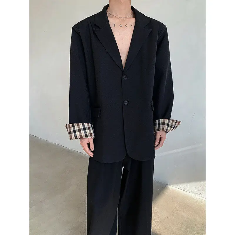 

Casual Plaid Sve Suit Jaet Men's Turn-down Collar oulder Pad Ele Spring Autumn Outerwear Cleanfit Top