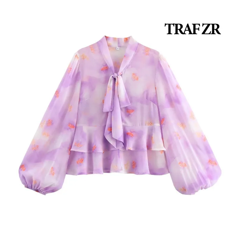 Blusa de gasa lila ZR - Corbata de cinta con cuello en V y manga acampanada con dobladillo con volantes S/S Romance