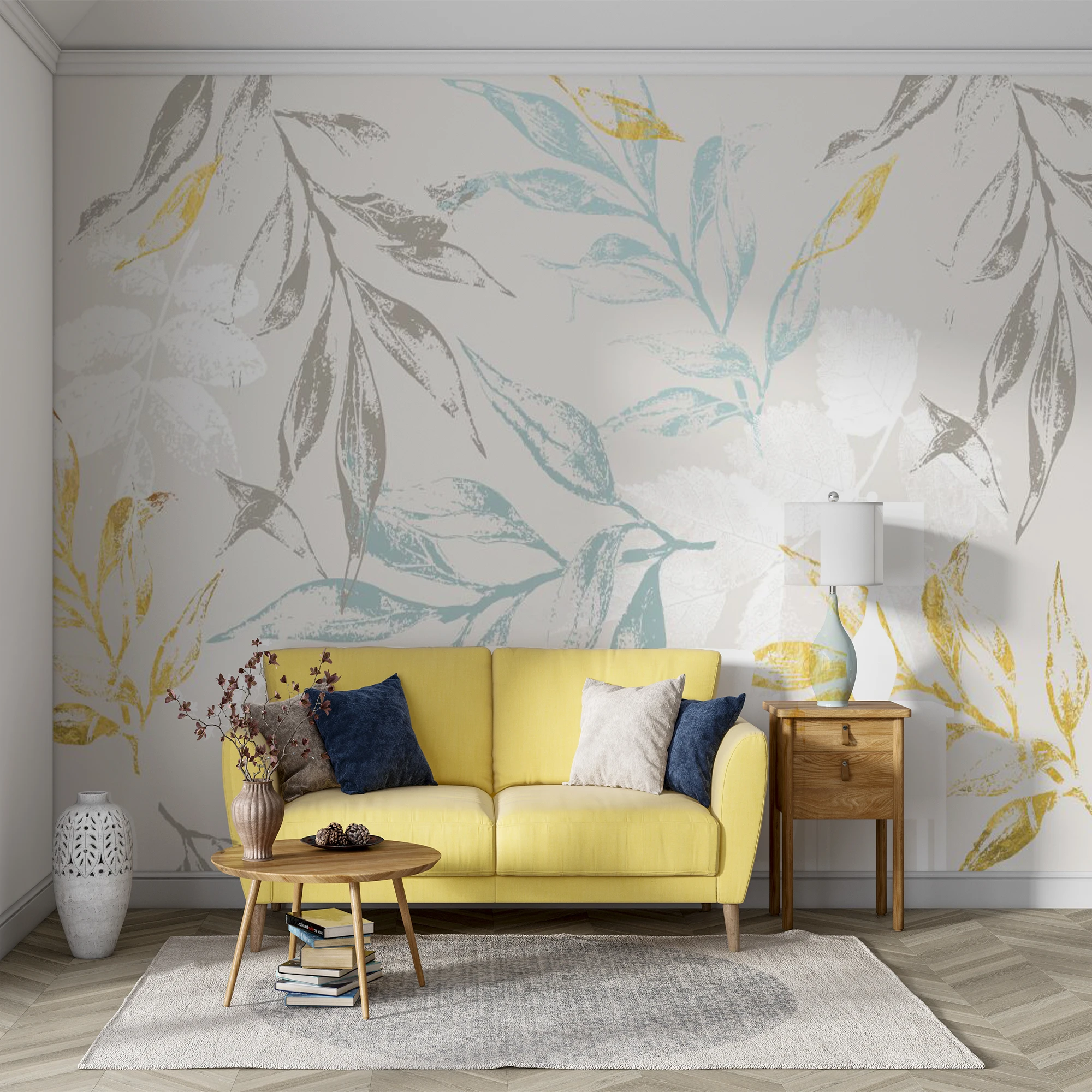 Custom Self‑Adhesive Wall Mural Watercolor Gold Blue Leaf Wallpaper Minimalist Botanical for Living Room Bedroom Decor
