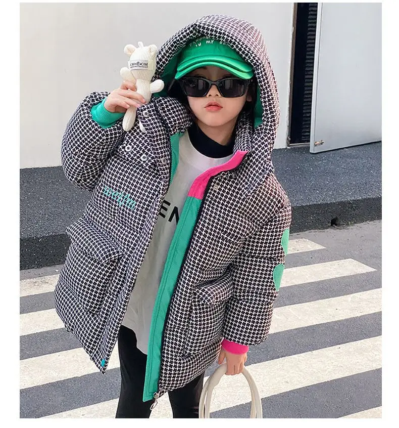 Fashion Girls Jacket 2026 Winter Kids Down Cotton Overcoat Lattice Lining Plush Thick Keep Warm Hooded Parkas For 4-12Years Old