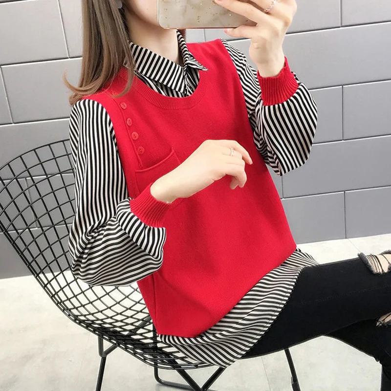 Nouveau Faux deux pièces chemises femmes printemps automne coréen mélange couleur rayé pulls pour femme col rabattu pull femme