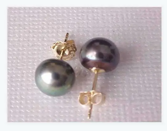 AAA+10-11mm black Tahitian pearl earrings 14kp yellow gold