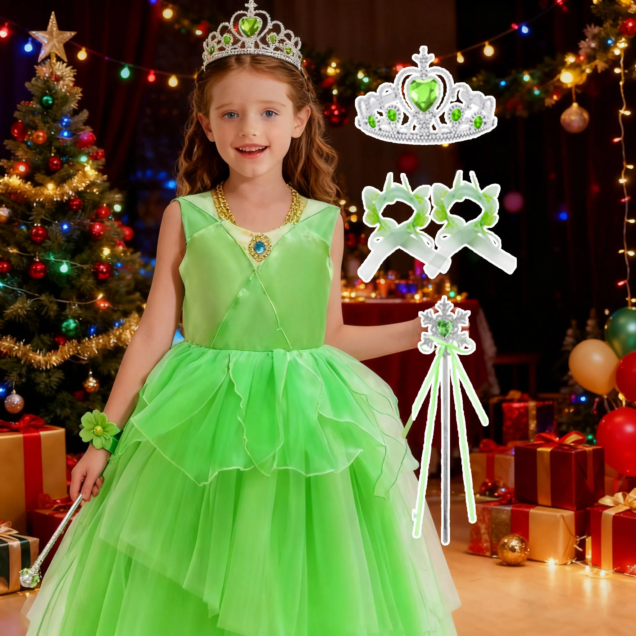 carnival Kids Princess Fairy Fancy Green Wings Dress with Wand Girls Dress Up Gown girls Holiday Birthday Party birthday present