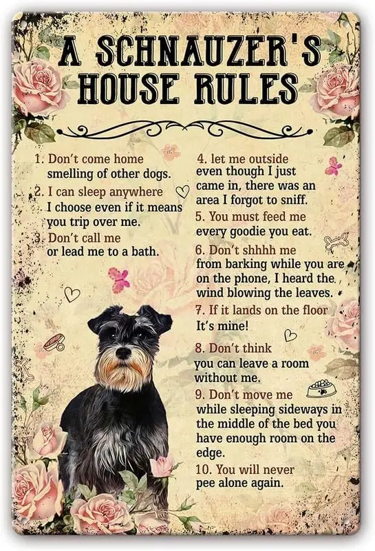 Schnauzer Dog Metal Tin Sign Wall Decor House Rules Retro Decorations Art for Living Room Bedroom Prints Photo Artwork