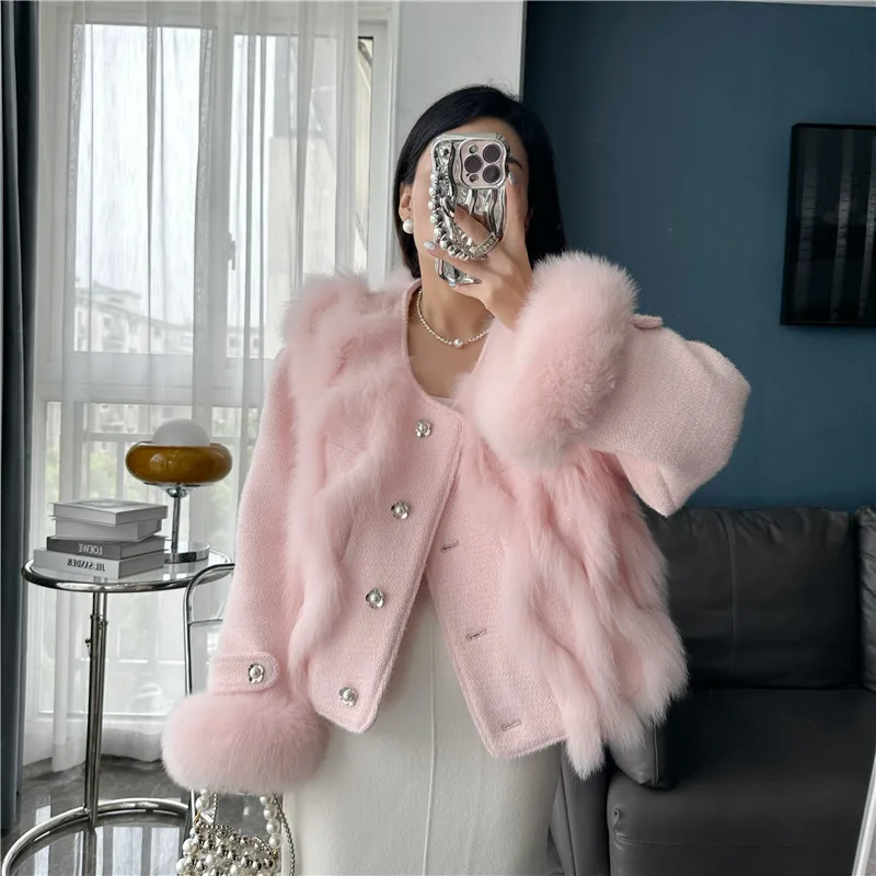 2023 Abrigo mujer invierno  real fox fur strip patchwork wool blend short jacket for woman Korean style wome's winter fur coat