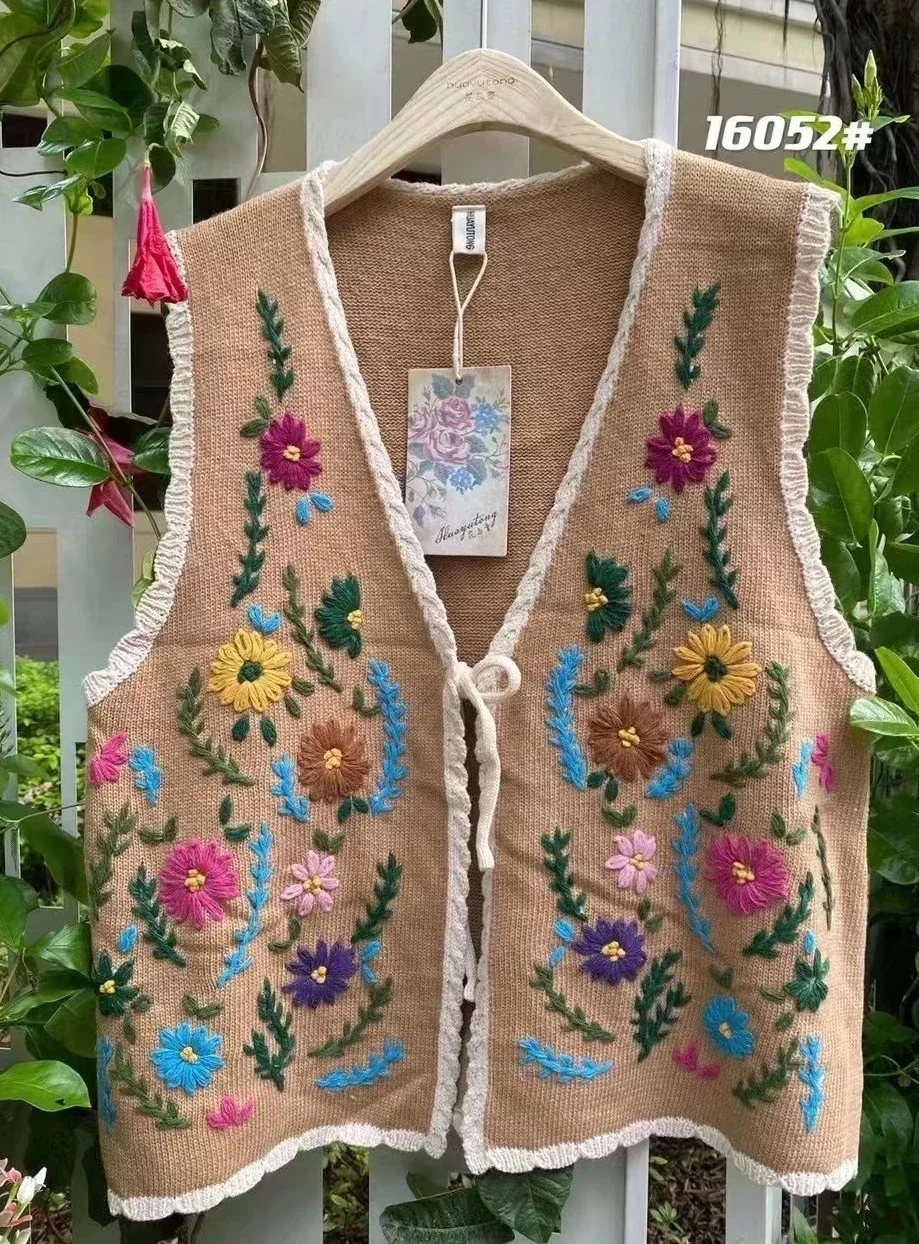 Vintage Crochet Floral Embroidery Loose Tunic Vest Fall Retro Chic Mori Girl Knitted Cottagecore Hippie Gypsy Tribal Boho Tops