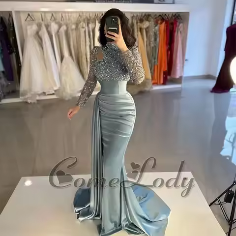 Comelody Sparkly Evening Dresses High Neck High Slit Mermaid Sequined Saudi Evening Dress Vestido De Formatura Customized