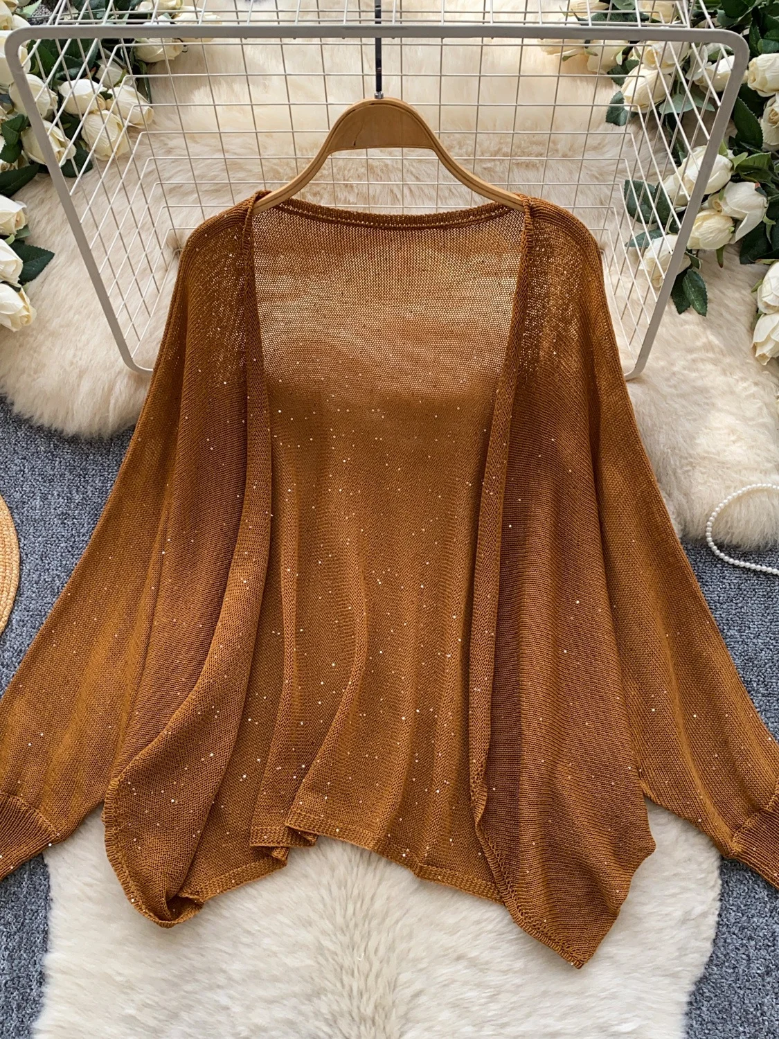 Retro Sequin Knitted Open Cardigan Women's Loose Casual Slimming Sun Protection Air Conditioning Outerwear Top 2026 Autumn Fa...