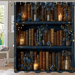 Nordic Retro Bookshelf style Shower Curtain 3D Printing Fabric Floral Bathroom Curtains for Home Decoration Curtain with Hooks