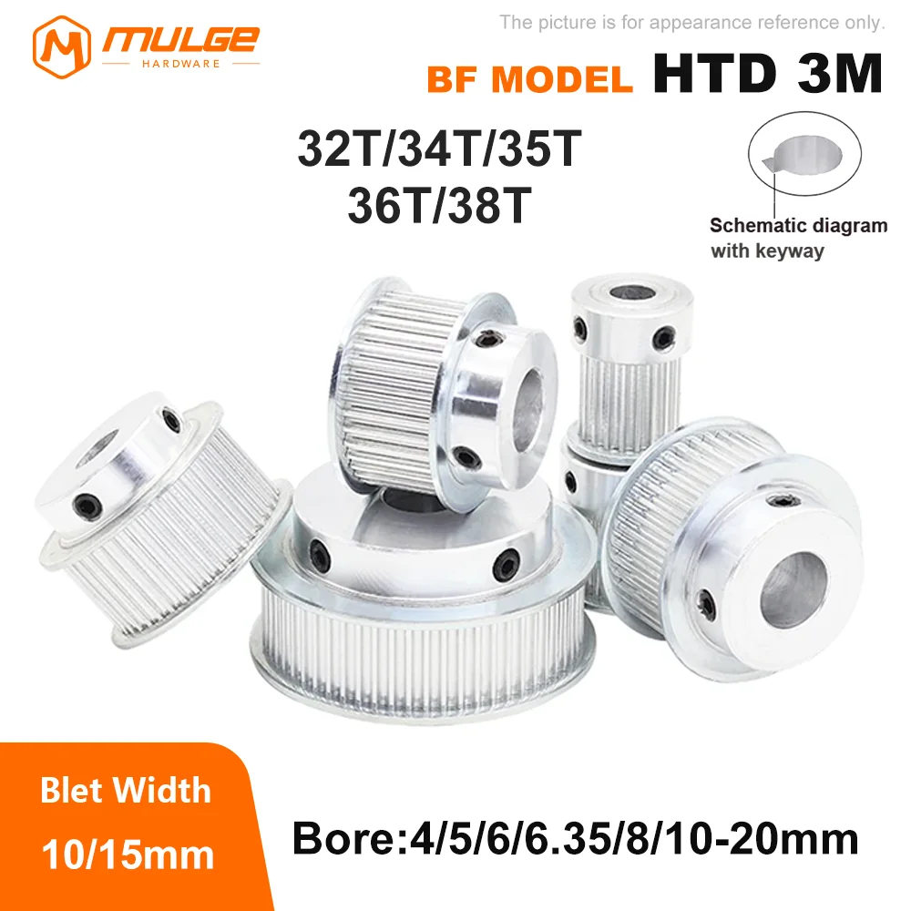 

HTD 3M 32T/34T/35T/36T/38Teeth Timing Pulley BF Type 3M Synchronous Wheel Bore 4-20mm Belt Width 10/15mm 3D printed parts