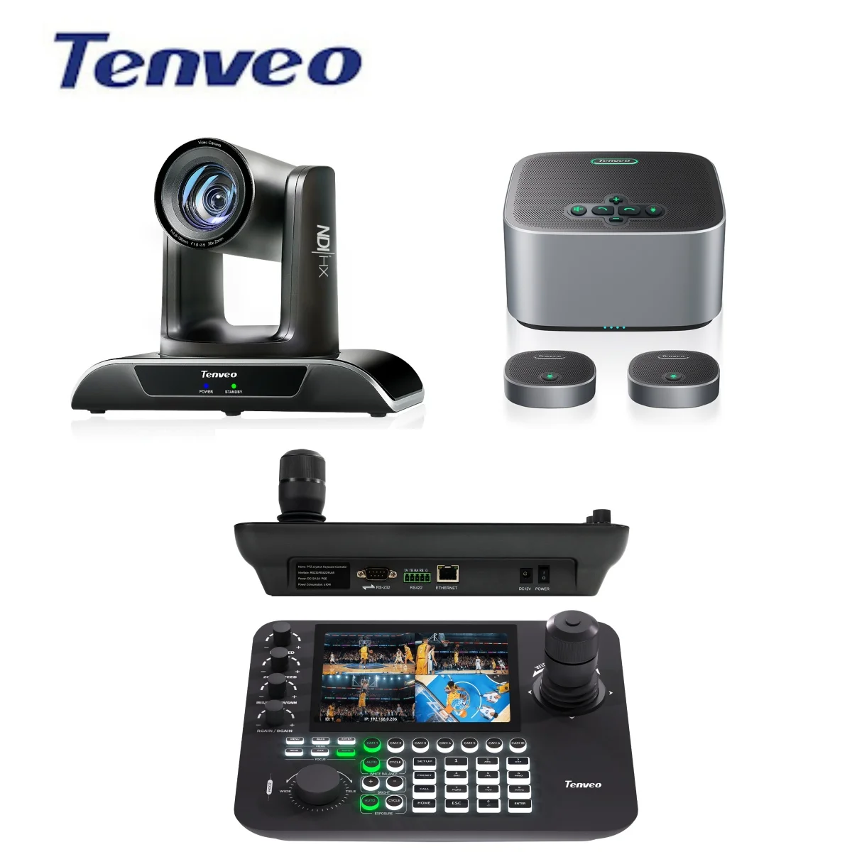 Tenveo VHD630A NDI 1080P 30X AI PTZ Conference Camera+M6BEX USB Conference Speakerphone+7 Inch 4-Split-LCD PTZ Camera Controller
