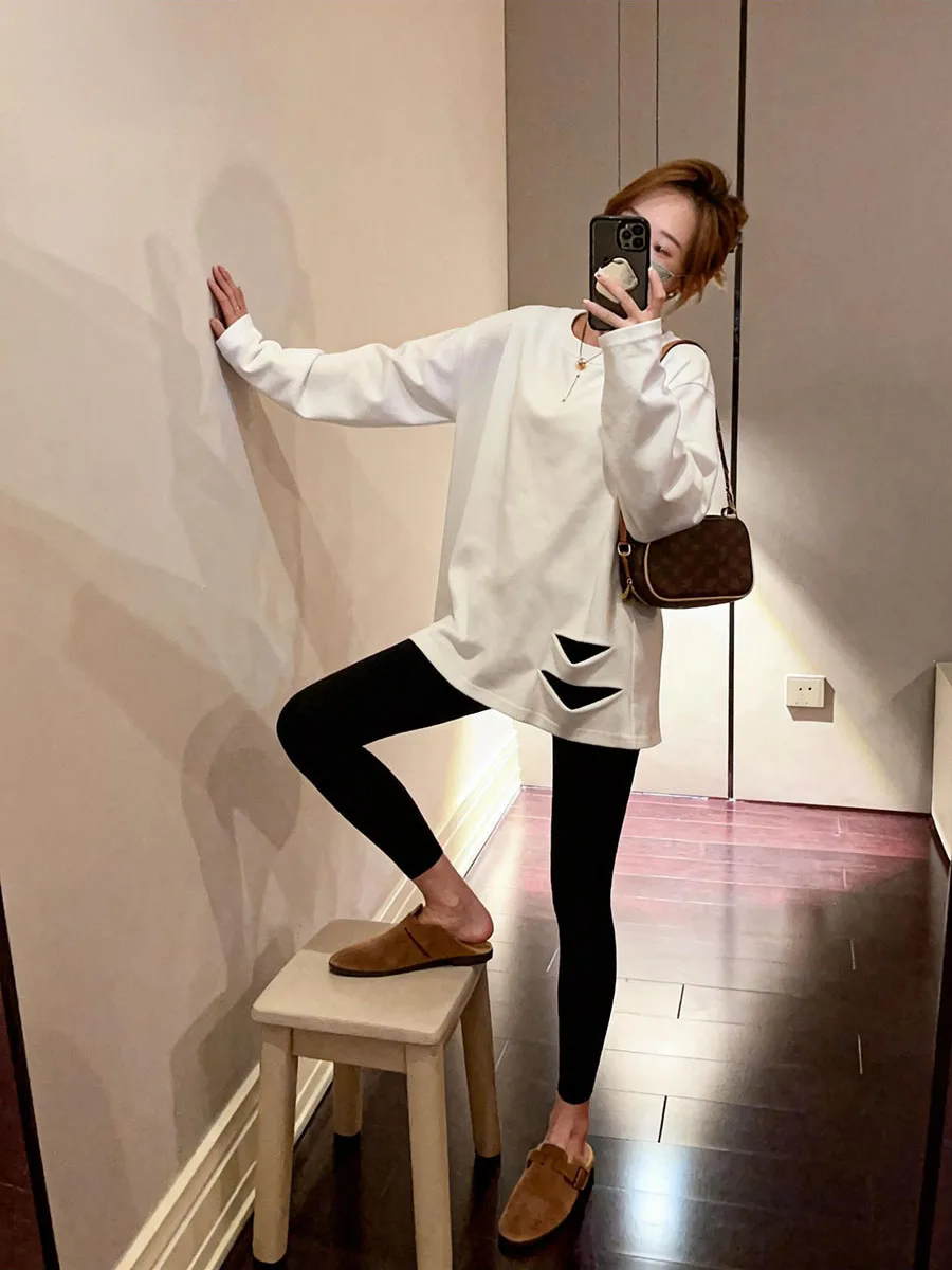 White Base Layer Shirt Women's Inner Wear plus Size Design Sensation Medium Length Top Cover Butt Trendy Polyester Fiber