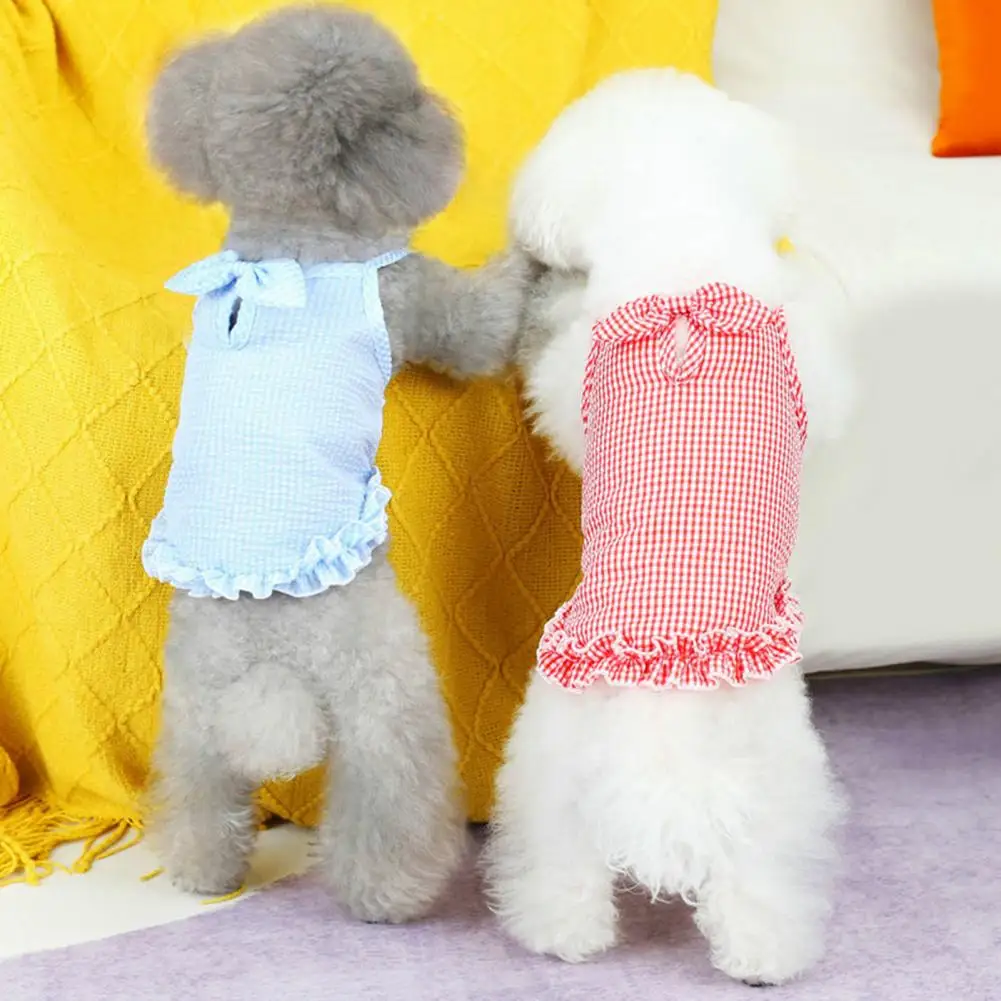 Pet Dress Comfortable Square Neck Sleeveless Plaid Print Pet Puppy Dog Bowknot Dress Summer Dog Princess Bikini Pet Supplies