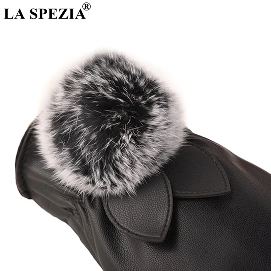 LA SPEZIA Leather Gloves Women Winter Rabbit Fur Pom Pom Gloves Pink PU Fleece Ladies Elegant Windproof Touchscreen Mittens
