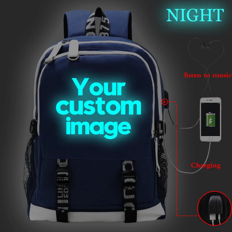 2022 Customize Your Logo Image School Bags Luminous Backpack Laptop Bag USB Charging Bookbag Teen Girls Backpacks Women Rucksack