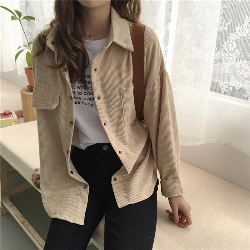 

Oversized Corduroy irt Vintage Hong Kong Sle Color Velvet Open irt Spring Autumn Wear for Young Women Commute