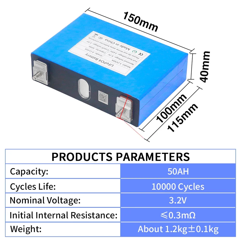 High Capacity 8PCS 3.2V 50AH Lifepo4 Lithium Iron Phosphate Battery DIY 12V 24V 48V Car Boat Start Solar Cell EU 7 Day Delivery