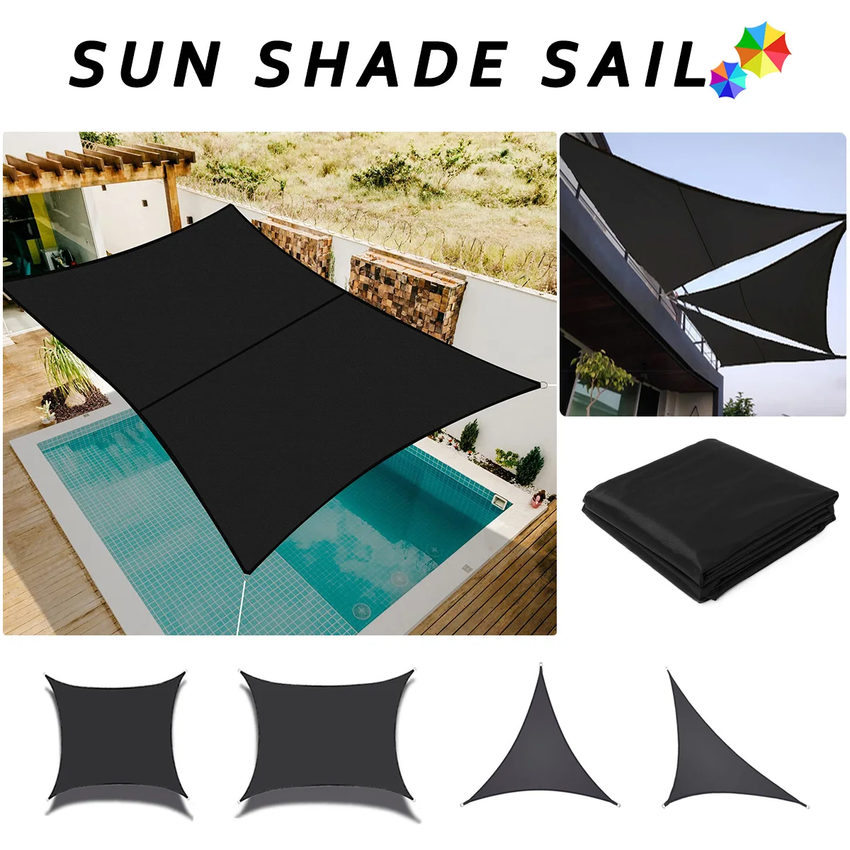 Black 420D Waterproof Square Rectangle Shade Sails garden terrace Canopy swimming Sun shade Camping Hiking Yard sail awnings