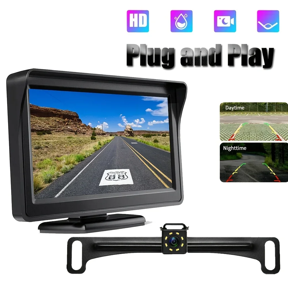 Night Vision 4.3inch Car Rear View System with Backup Camera & License Plate - Easy Hardwired Installation, Fits Most Vehicles