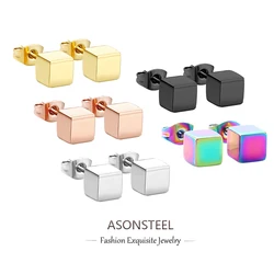 ASONSTEEL Trendy Square Earrings Smooth Cube Piercing Stud Earring Stainless Steel for Women Geometric Kpop Jewelry Accessories