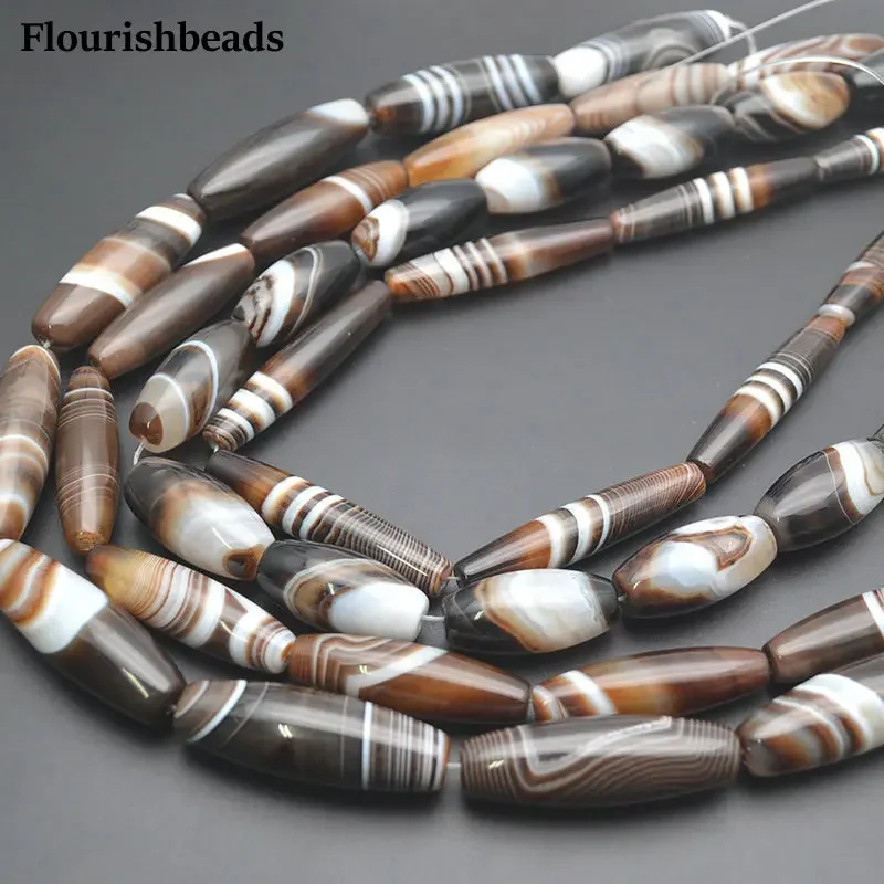 1strand Natural Banded Brown Coffee Color Agate DZI Tube Barrel Stone Loose Beads For Necklace Bracelet Jewelry Making