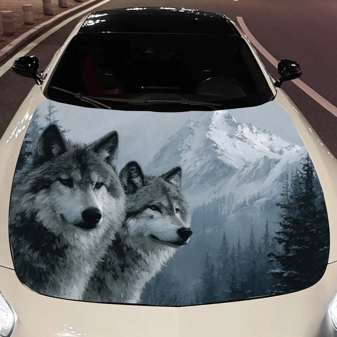 Car Decals Two Wolves Against a Mountainous Landscape Car Hood Sticker, Waterproof Self - Adhesive Vinyl Graphics Decals, Decora