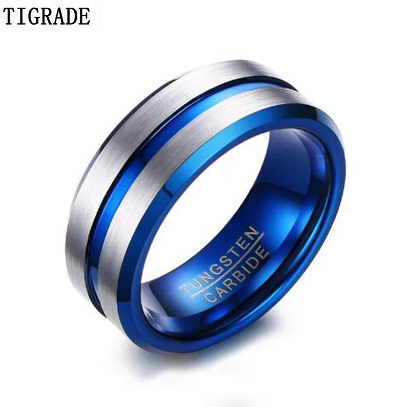 Tigrade Tungsten Carbide Ring Men Women Unisex Silver Color Blue Line Wedding Bands Carbon Fiber Groove Ring Quality Brand