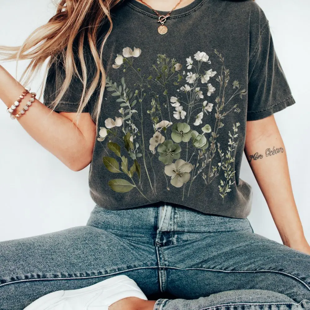 Boho Women Granola Girl wildflowers Cottagecore Shirt Nouveau Florals Graphic Tee Casual Apparel Y2K Top Daily Trendy Streetwear