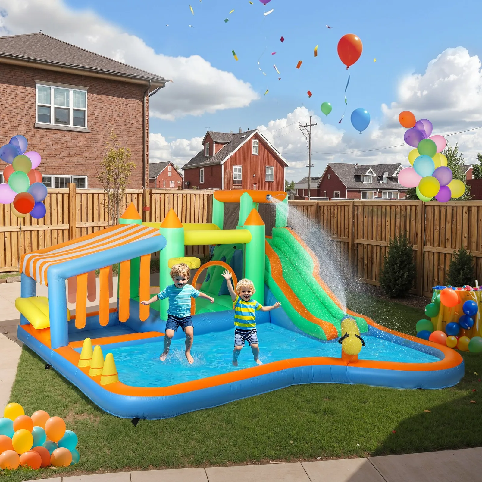 

8 in 1 Inflatable Bounce House Water Slide with 680W High Power Blower