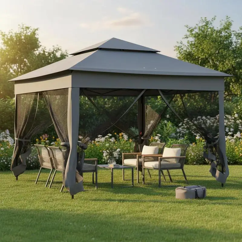 

3 x 3(m) Pop Up Gazebo, Double-roof Garden Tent with Netting and Carry Bag, Party Event Shelter for Outdoor Patio, Dark Grey