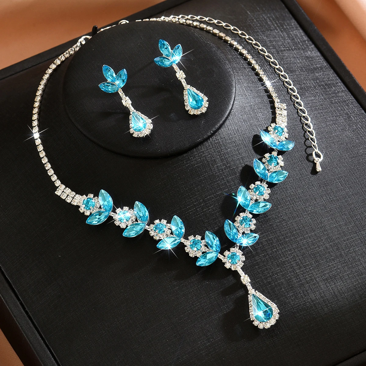 Island Style Necklace, Earrings, Branches and Leaves, 2-Piece Set, Water Droplet Design, Bride's Wedding Dress, Banquet Jewelry