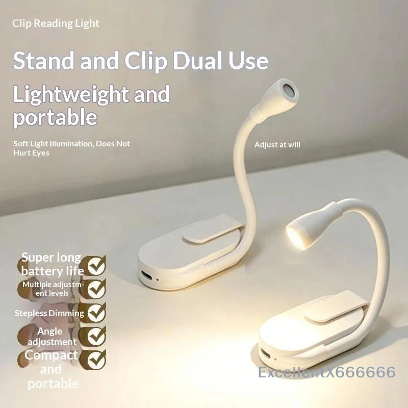 Portable Clip LED Reading Light USB Rechargeable Book Light Clip-on Bed Night Light Stepless Dimmable Eye Protection Desk Lamp