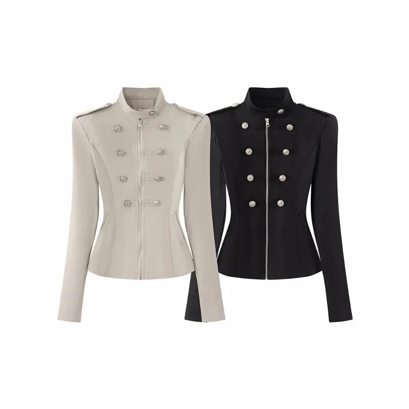 SMVP Women Fall Clothes For Women Napoleon Jacket Coat Double Row Buttons Cinched Short   Retro Metal  Lady Outerwear