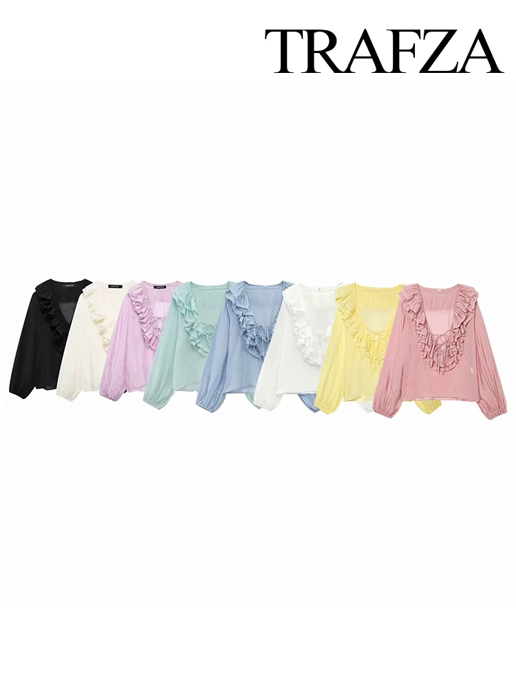 TRAFZA Women Elegant Casual Shirts Solid V-Neck Lantern Long Sleeves Tierred Decorate Lace-Up Top Female Fashion Blouses Shirts