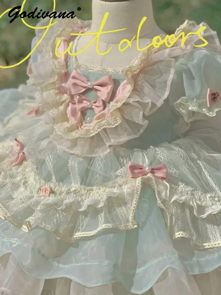 Sweet Baby Girls High End Lolita Princess Dress Childrens Cute Puff Sleeve Lace Trim Bow High Waist Birthday Party Tulle Gown