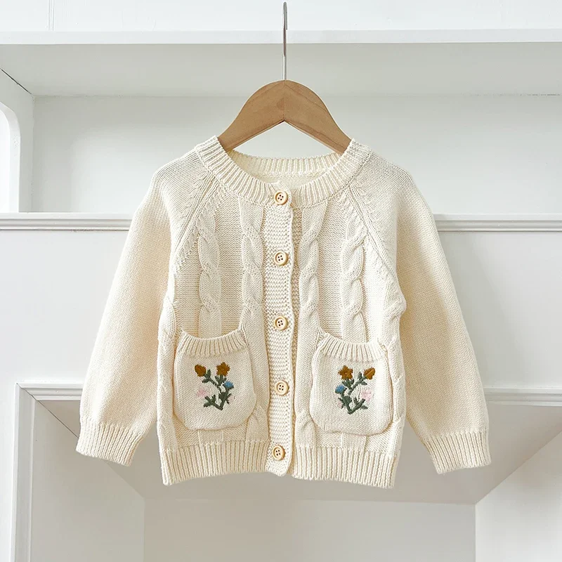 Infant Baby Girl Knitting Cardigan Toddler Baby Girls Sweater Coat Handmade Flower Embroidery Autumn Pocket Baby Girl Clothing