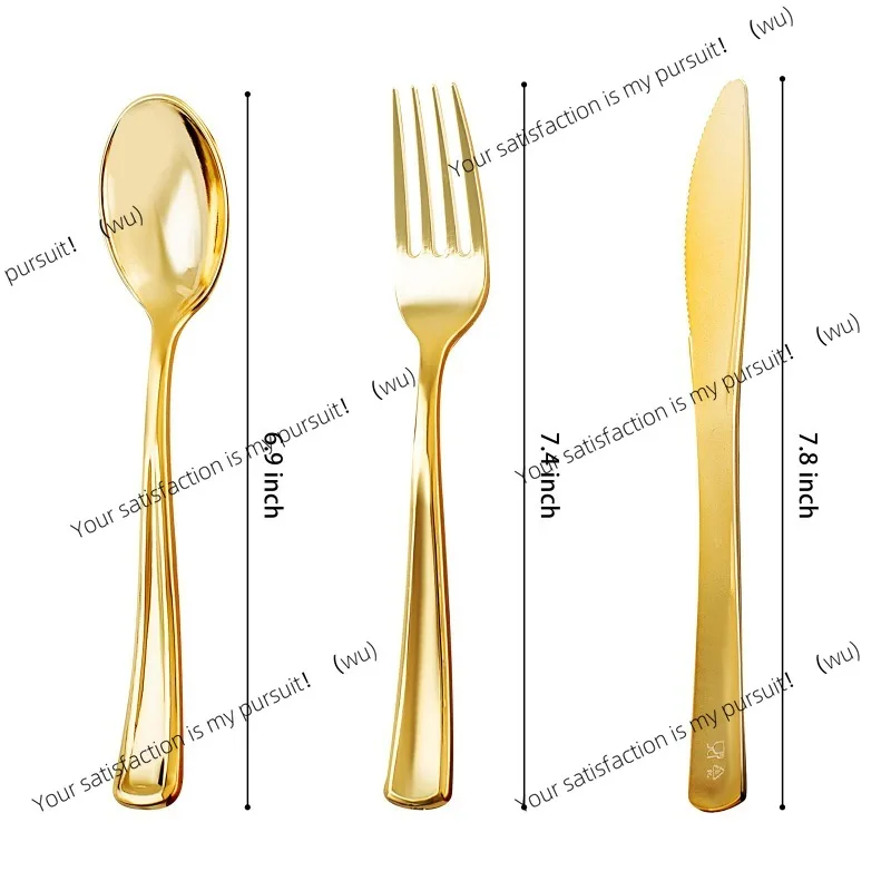 25Guest Golden Rose Gold Plastic Cutlery Set Crystal Clear Cutlery-set Plastic Dinner Knife Fork Spoon Birthday Party Household