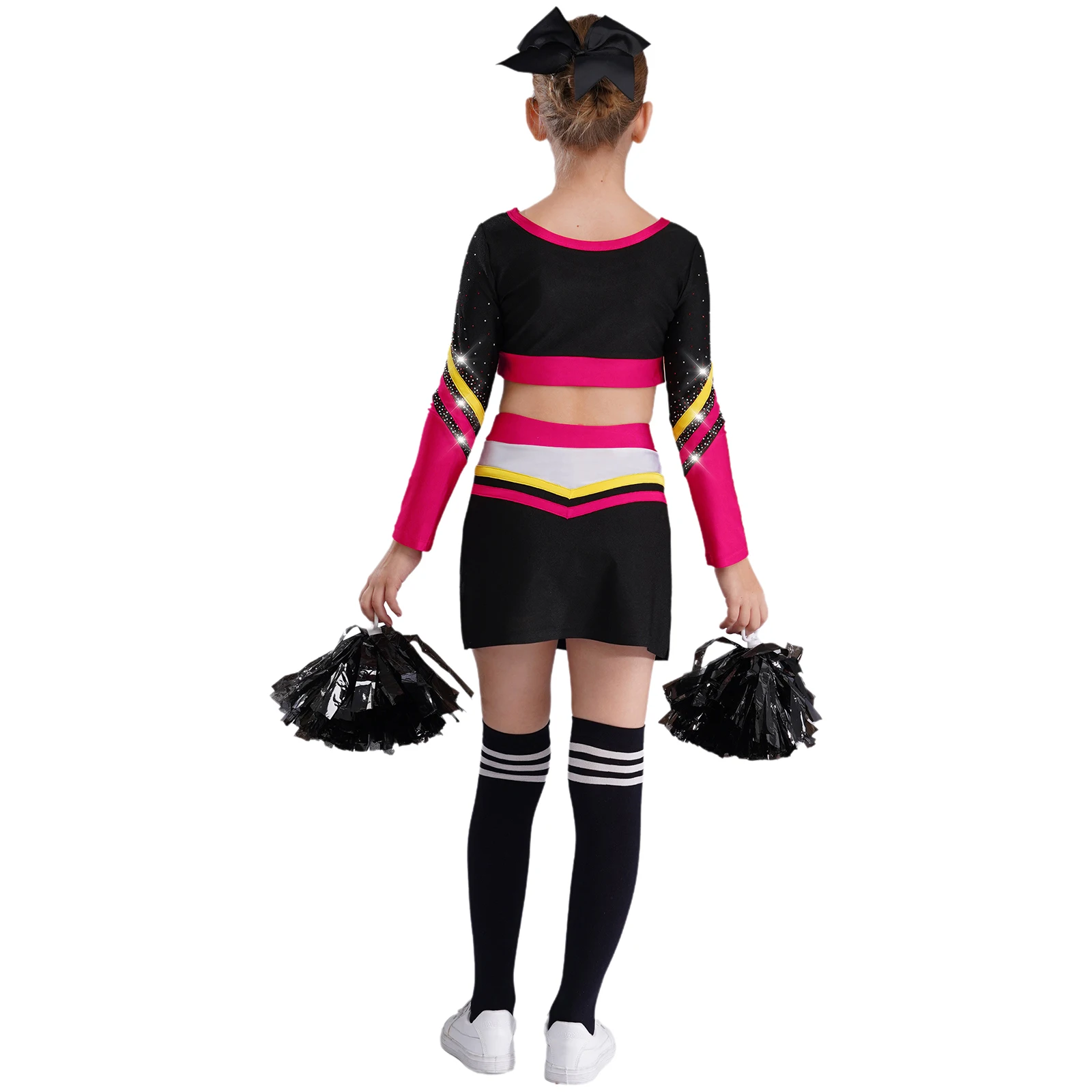 Kids Girls School Cheerleading Uniform Long Sleeve Shiny Rhinestones Crop Top with Skirt Flower Balls Cheerleader Dance Costume