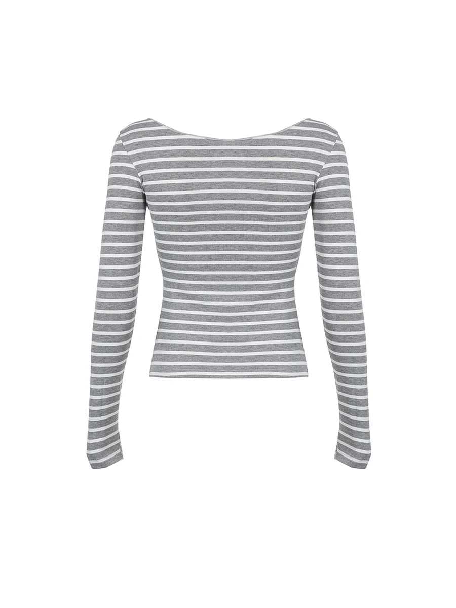 T-shirt casual da donna a maniche lunghe a righe con spalle scoperte per streetwear autunnale