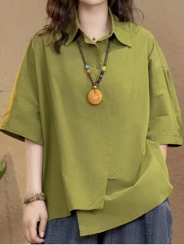 

Художественная однотонная повседневная асимметричная свободная хлопковая блузка ort Sve irt, женская летняя блузка больших размеров с воротником для похудения