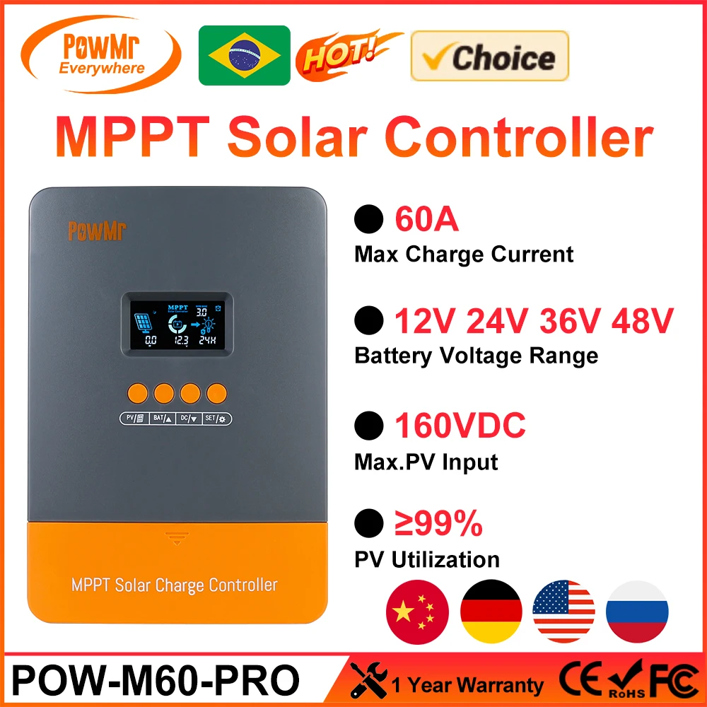 

Choice MPPT 60A Solar Charger Controller Blacklight LCD Regulator Max PV Input 160VDC Support 12V 24V 36V 48V Lithium battery