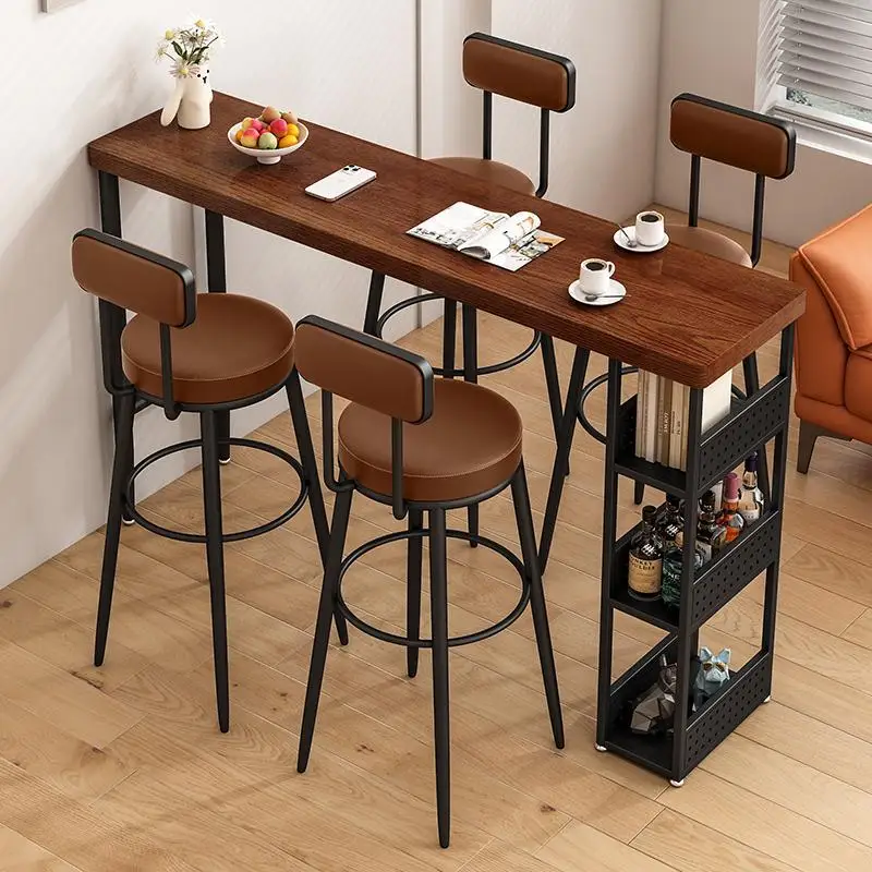 Wrought iron solid wood dining table Bar counter Household wall narrow table Leisure high table and chairs