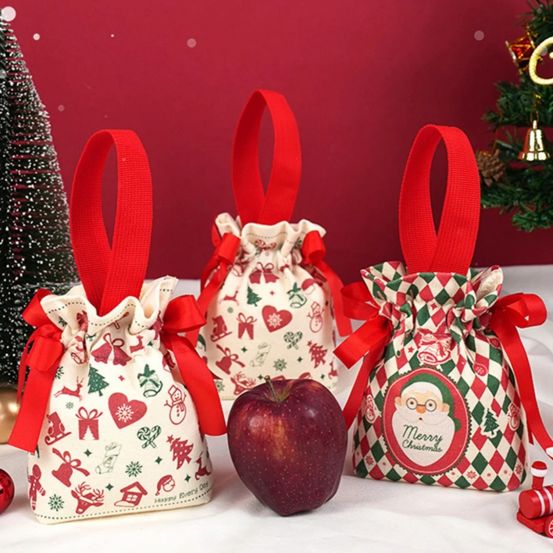 حقيبة هدايا عيد الميلاد مصنوعة يدويًا حقيبة برباط لعيد الميلاد حقيبة قماش قنب حقيبة تغليف الهدايا الاحتفالية لعطلة هدايا حفلات الأطفال