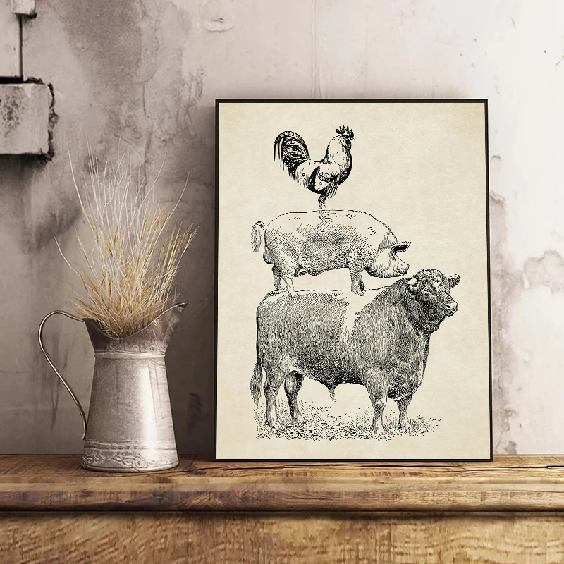 (No frame)Póster Vintage de granja de aves de corral, vaca, cerdo, pollo, granja francesa, imagen artística de pared Retro, i