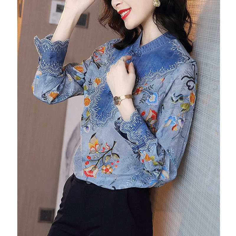 Vintage Embroidery Floral Print Chinese Style Elegant Shirts Women\'s Fashion Stand Collar Long Sleeve Top Blouse Clothing Blusas