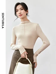 SENTUBILA Slim-fit Knitted T-shirt Women's 2024 Autumn Wave Half High Collar Long Sleeve Basic Comfort Women Tees 143S56756